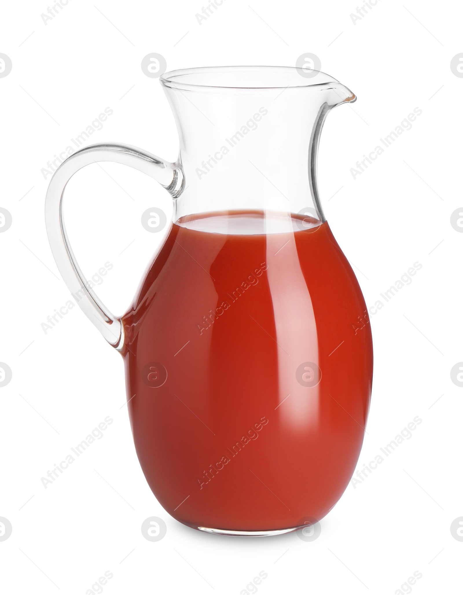 Photo of Fresh tomato juice in glass jug isolated on white