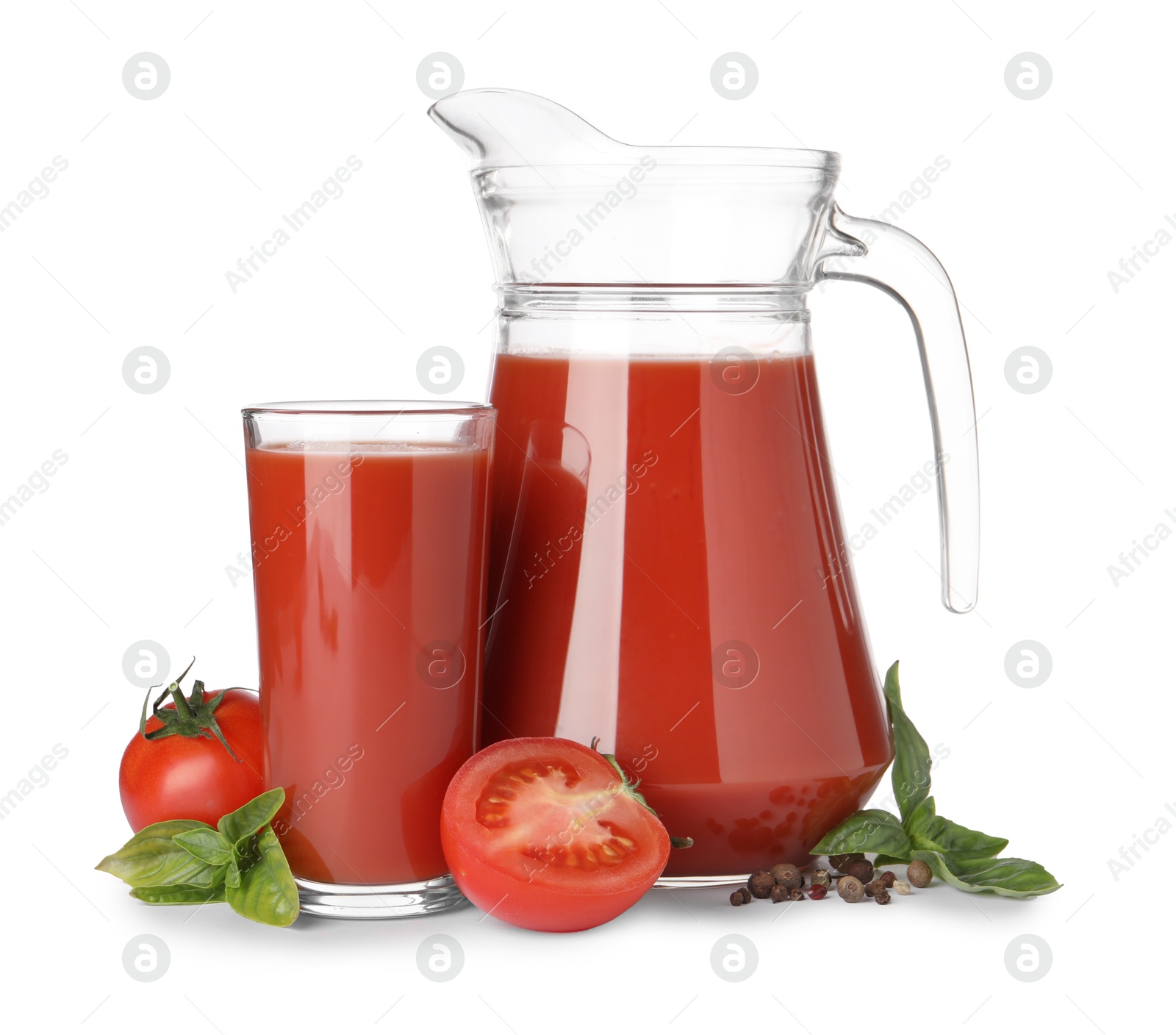 Photo of Tasty tomato juice, fresh vegetables and spices isolated on white