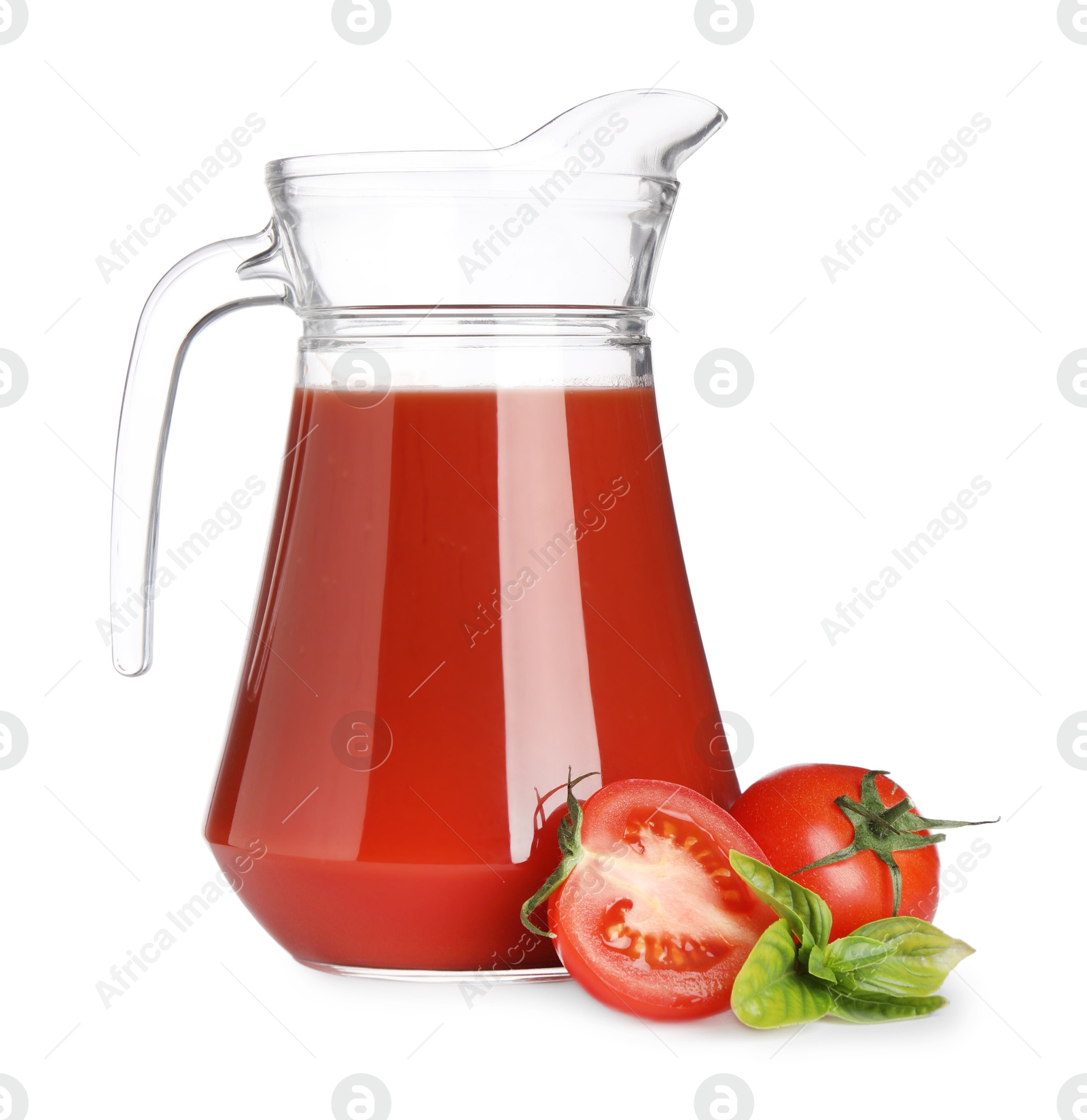 Photo of Tasty tomato juice in glass jug, fresh vegetables and basil isolated on white