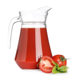 Tasty tomato juice in glass jug, fresh vegetables and basil isolated on white