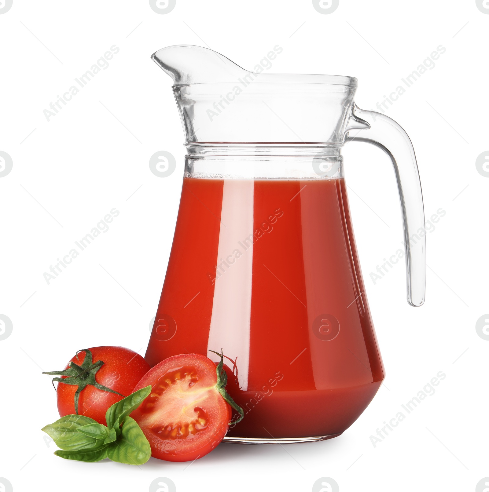 Photo of Tasty tomato juice in glass jug, fresh vegetables and basil isolated on white