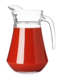 Fresh tomato juice in glass jug isolated on white