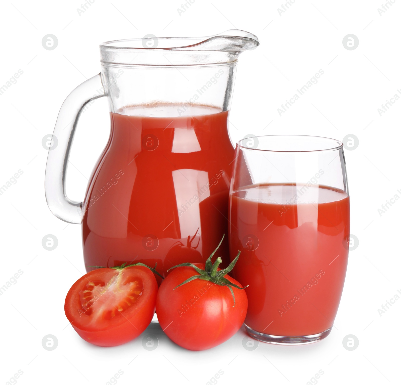 Photo of Tasty tomato juice and fresh vegetables isolated on white