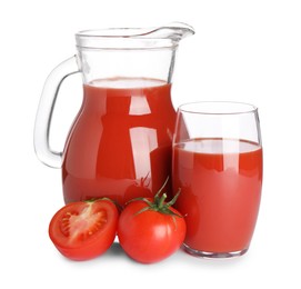 Tasty tomato juice and fresh vegetables isolated on white