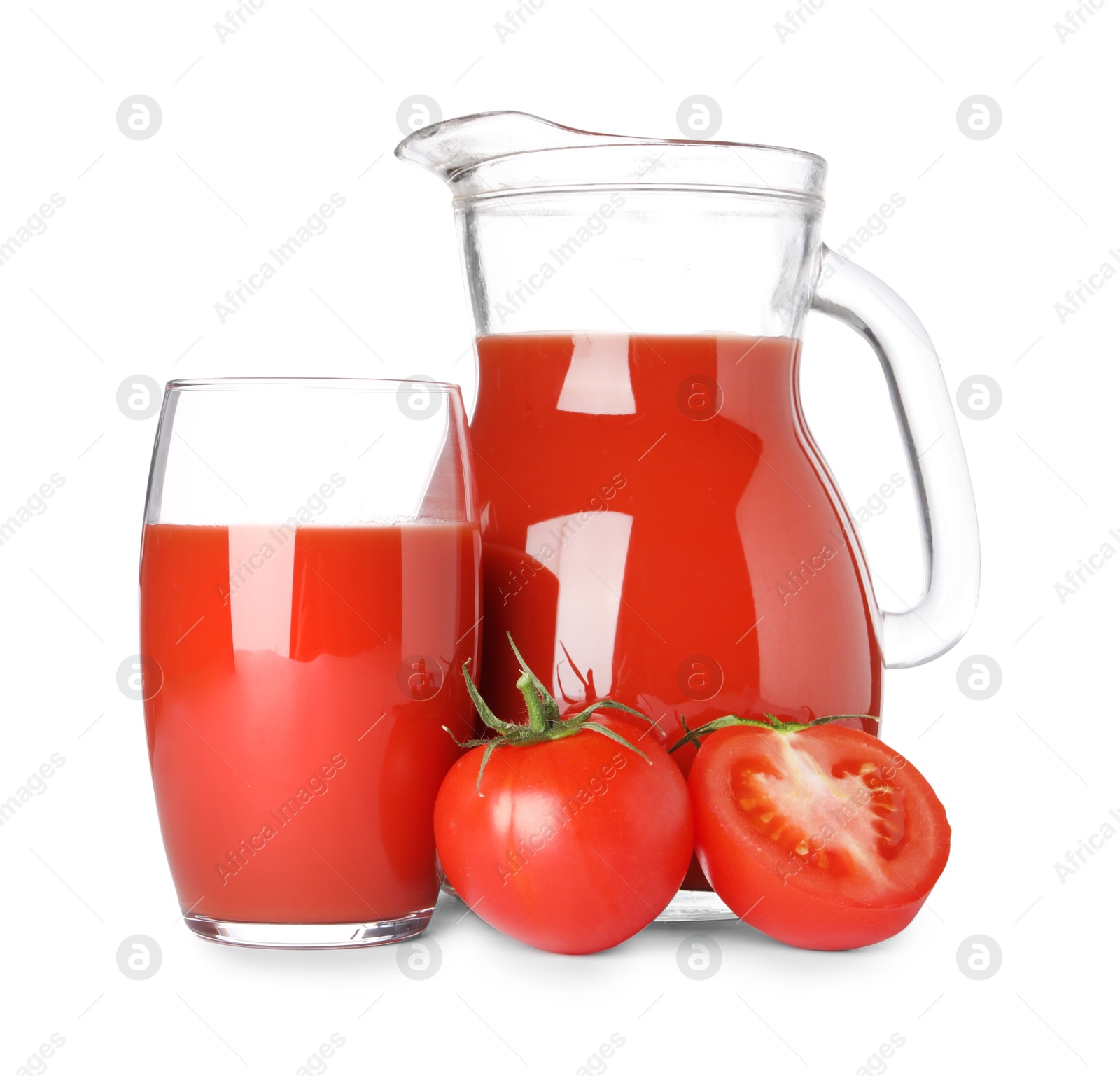 Photo of Tasty tomato juice and fresh vegetables isolated on white