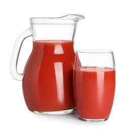 Fresh tomato juice in glass and jug isolated on white