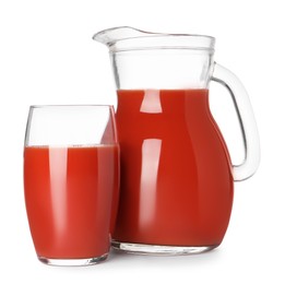 Photo of Fresh tomato juice in glass and jug isolated on white