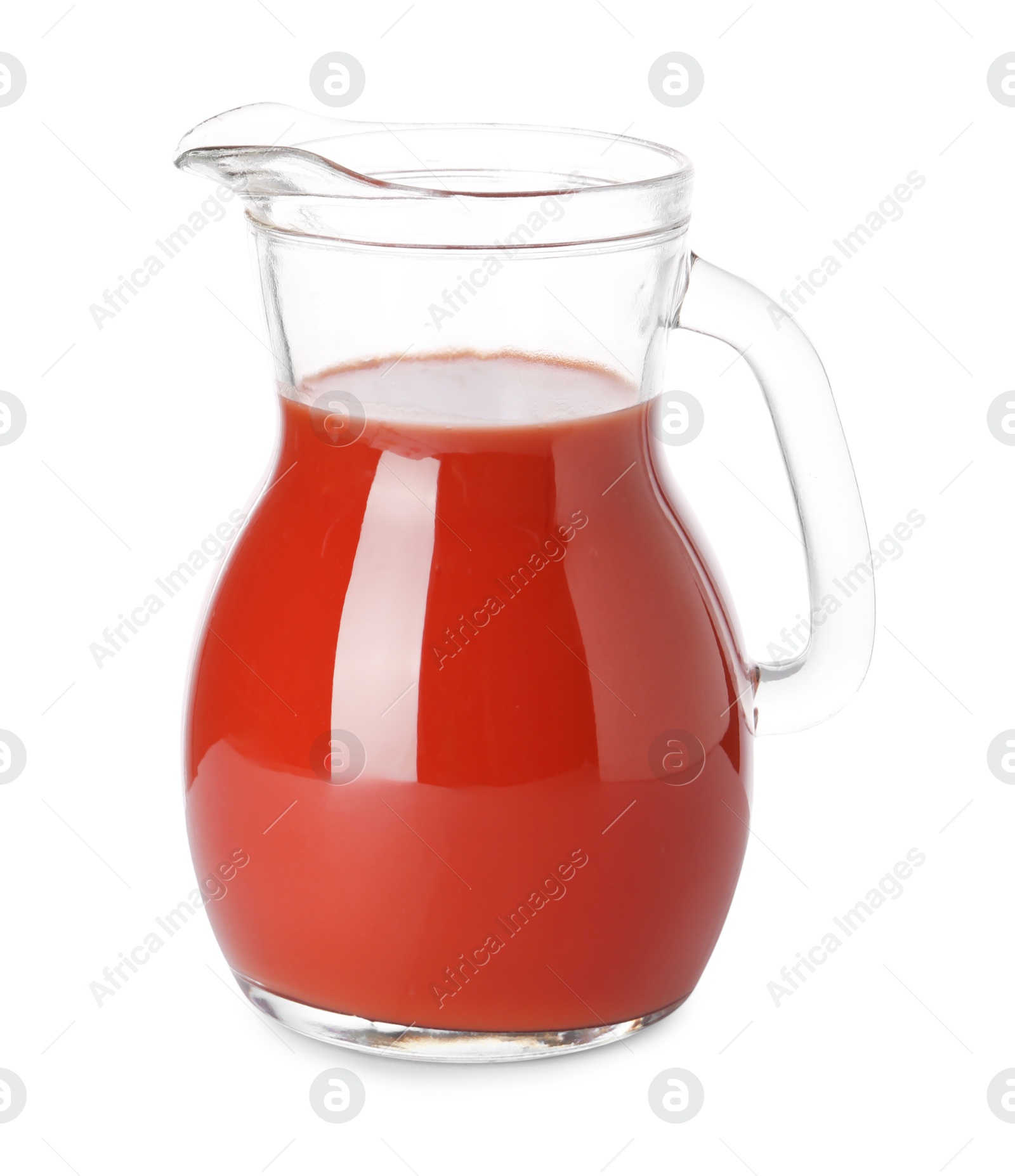 Photo of Fresh tomato juice in glass jug isolated on white