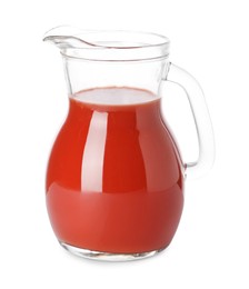 Fresh tomato juice in glass jug isolated on white