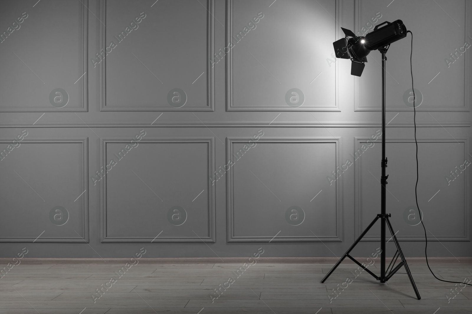 Photo of Professional lighting equipment in photo studio, space for text