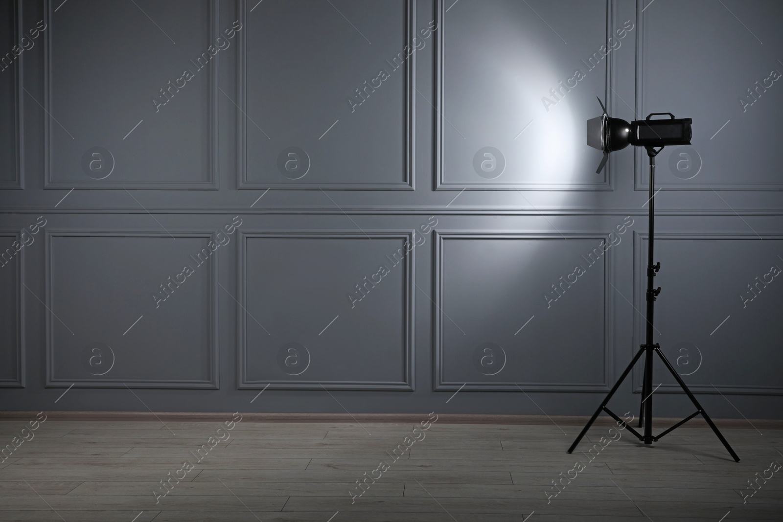 Photo of Professional lighting equipment in photo studio, space for text