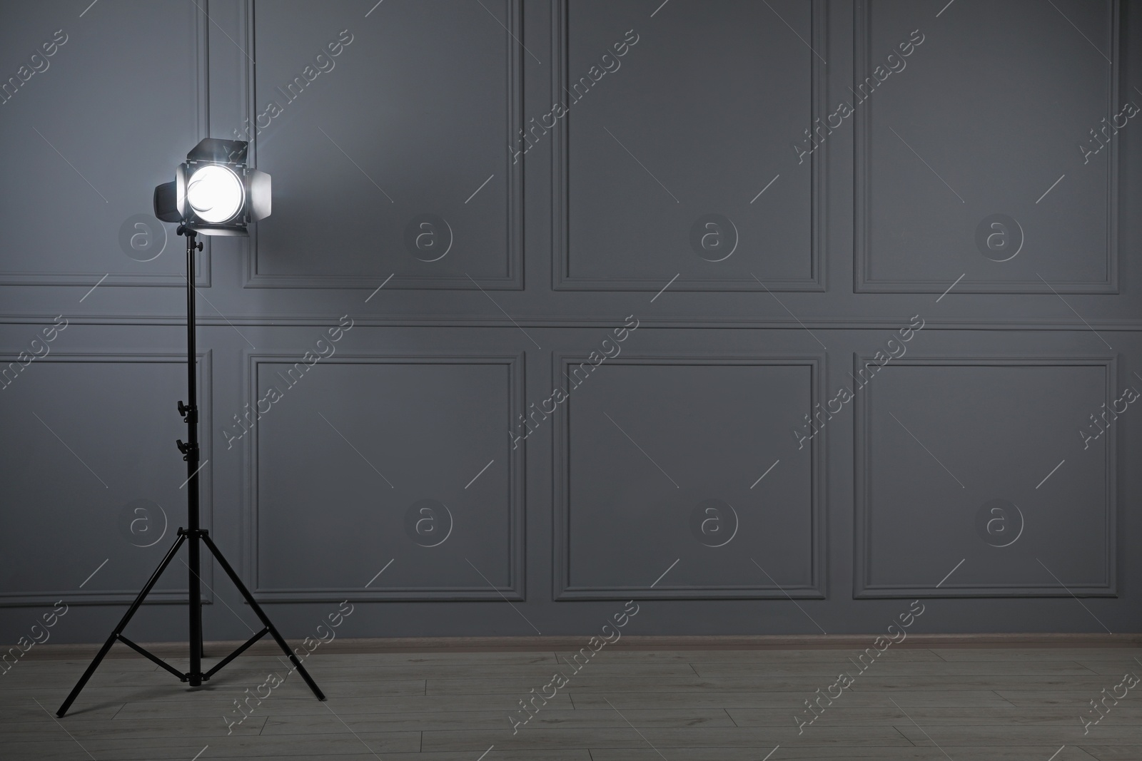 Photo of Professional lighting equipment in photo studio, space for text