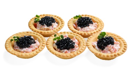 Photo of Delicious canapes with black caviar isolated on white