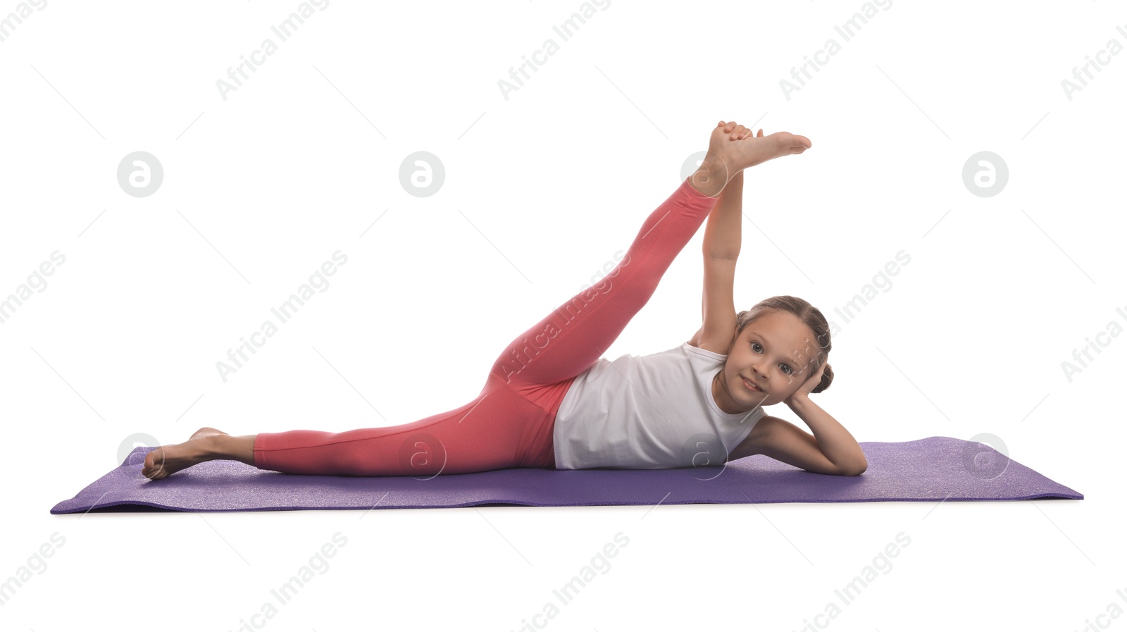 Photo of Cute little girl stretching on white background