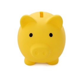 Photo of One yellow piggy bank isolated on white