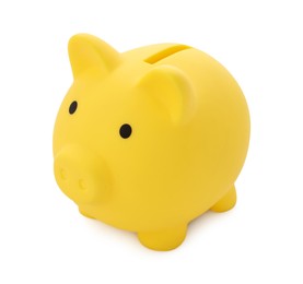 Photo of One yellow piggy bank isolated on white