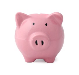 Photo of One pink piggy bank isolated on white