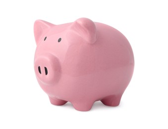 Photo of One pink piggy bank isolated on white