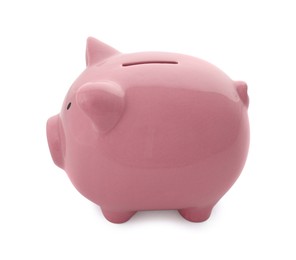 Photo of One pink piggy bank isolated on white