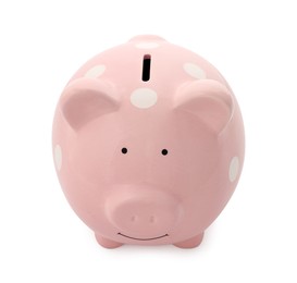 Photo of One pink piggy bank isolated on white