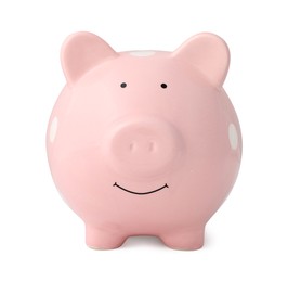 Photo of One pink piggy bank isolated on white