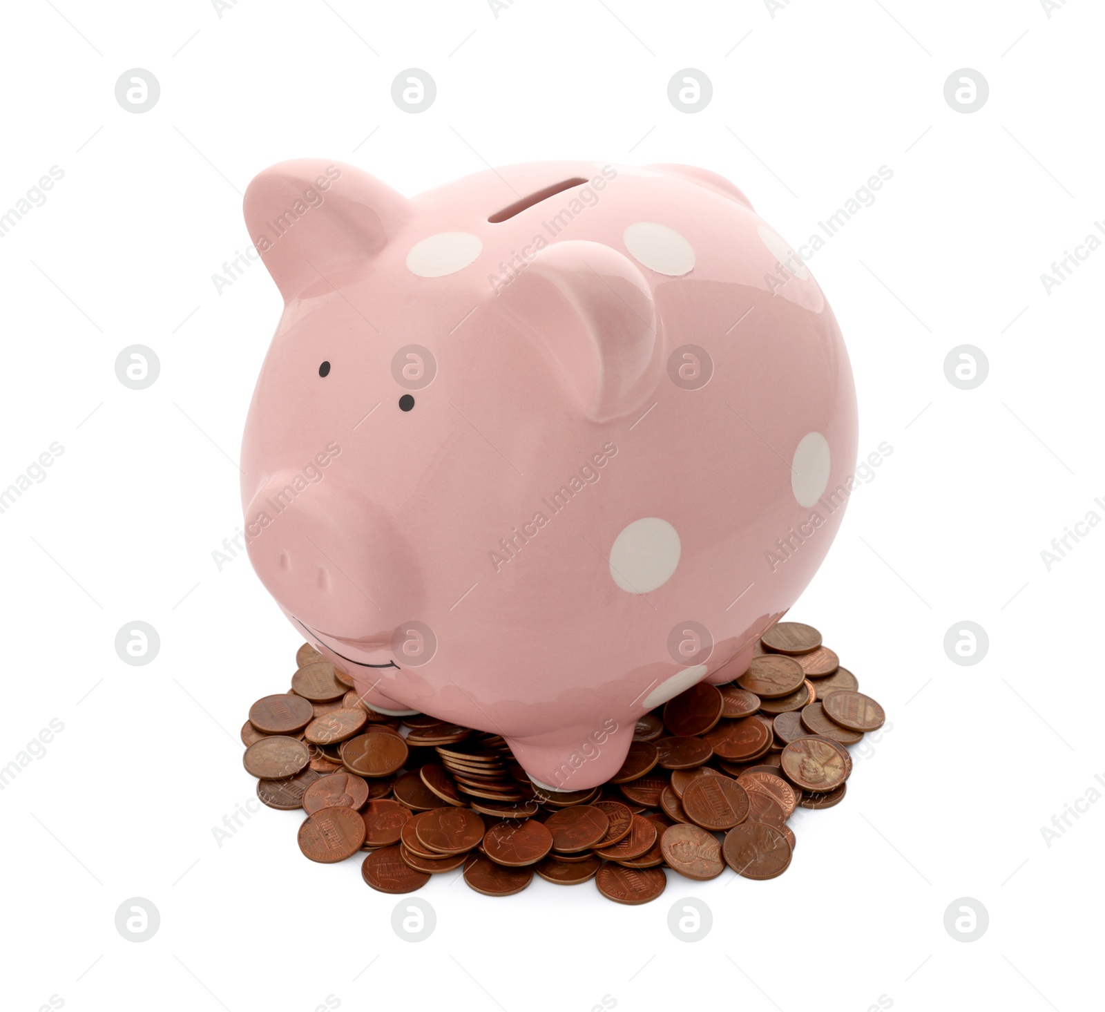 Photo of Pink piggy bank and coins isolated on white