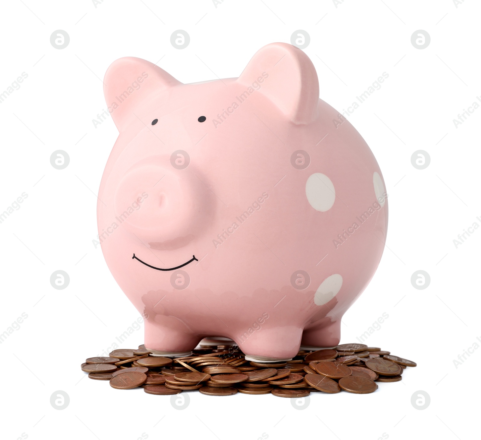 Photo of Pink piggy bank and coins isolated on white