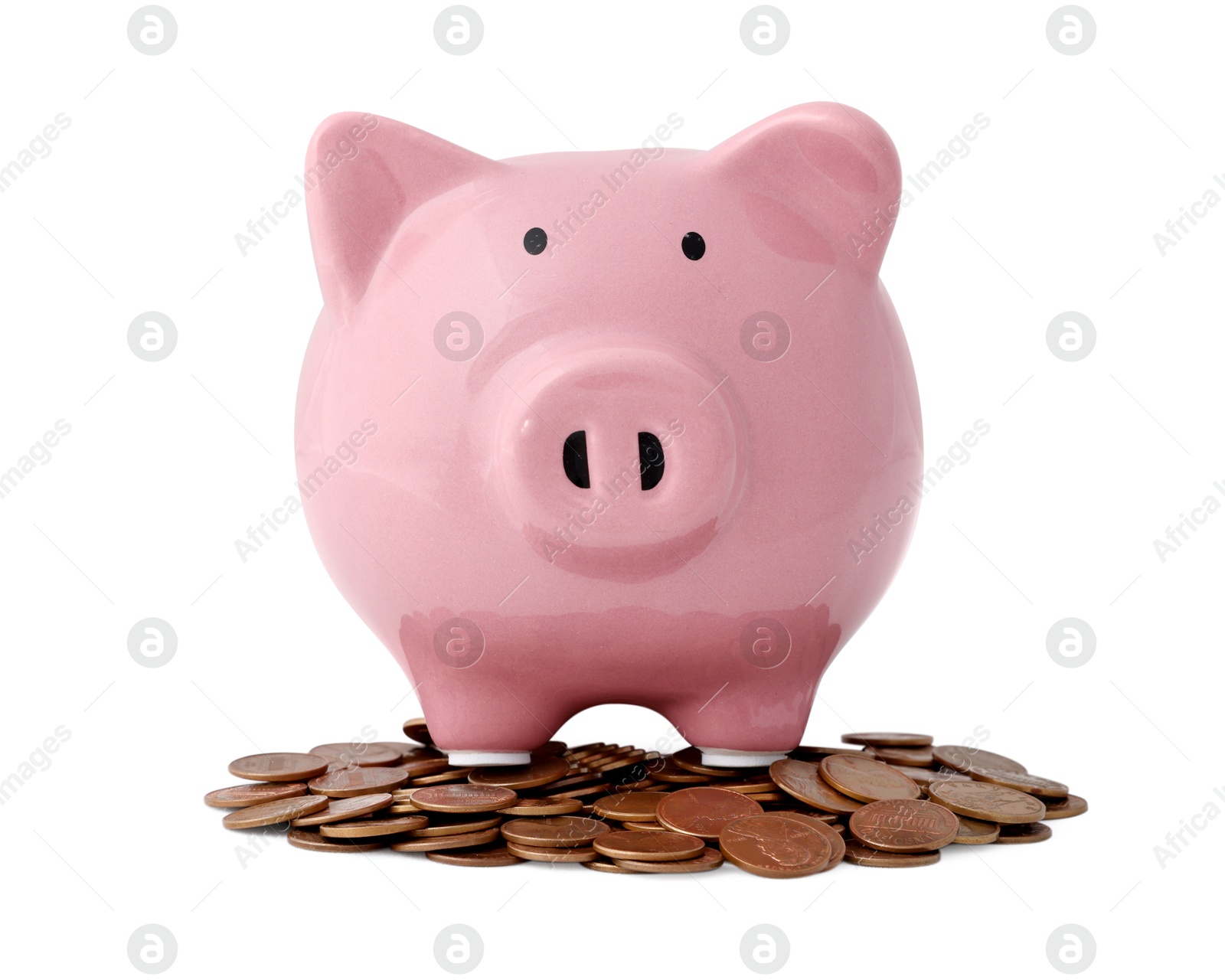 Photo of Pink piggy bank and coins isolated on white