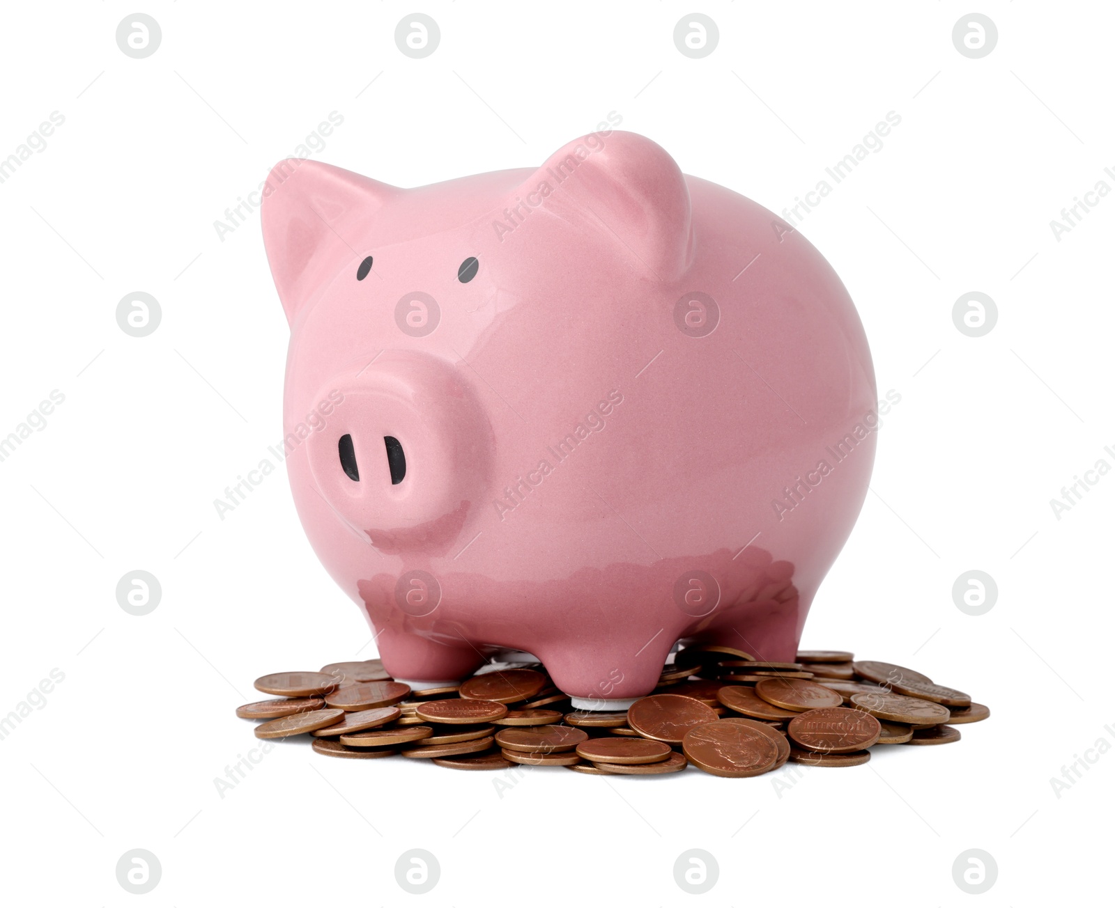 Photo of Pink piggy bank and coins isolated on white