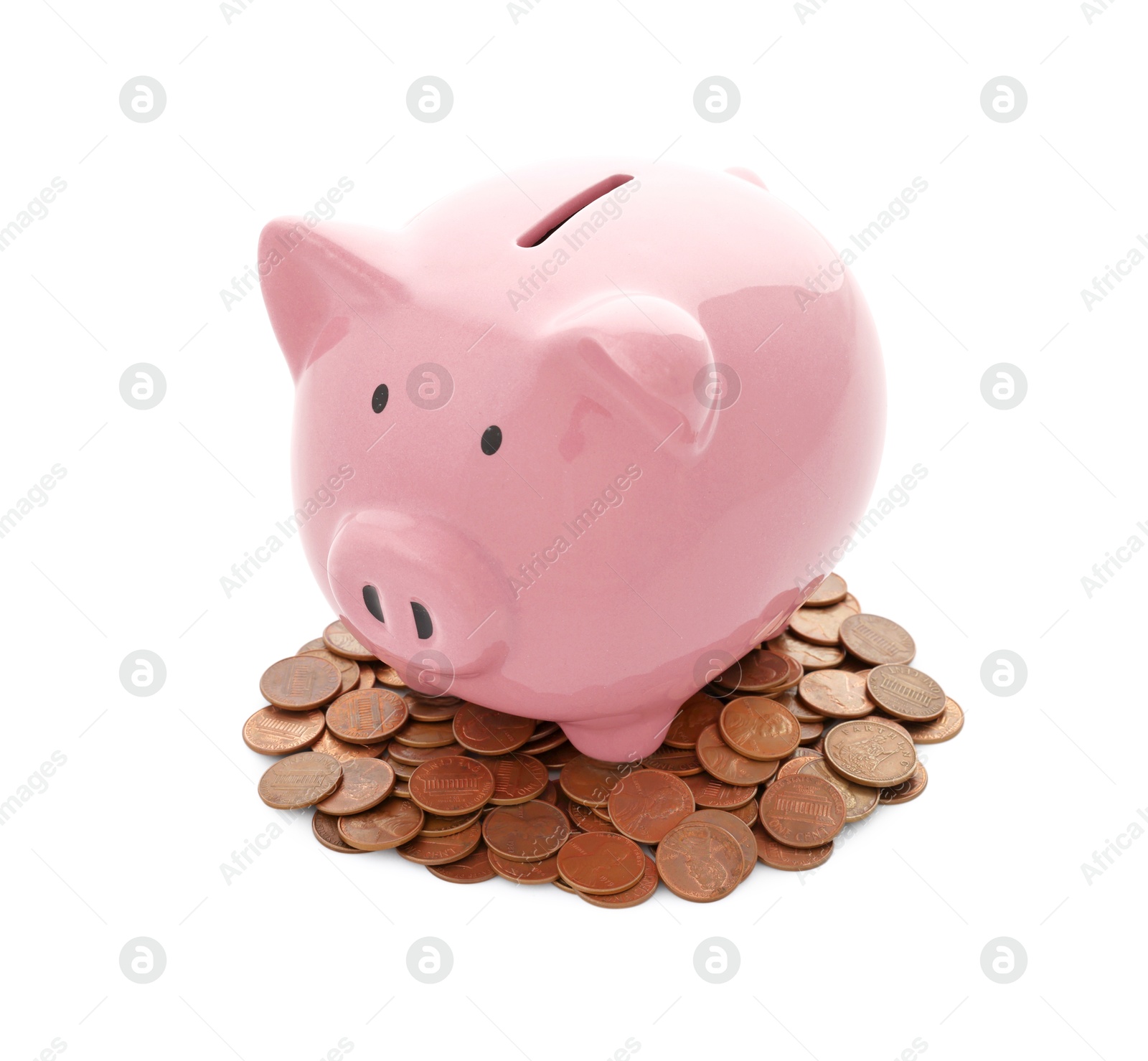 Photo of Pink piggy bank and coins isolated on white