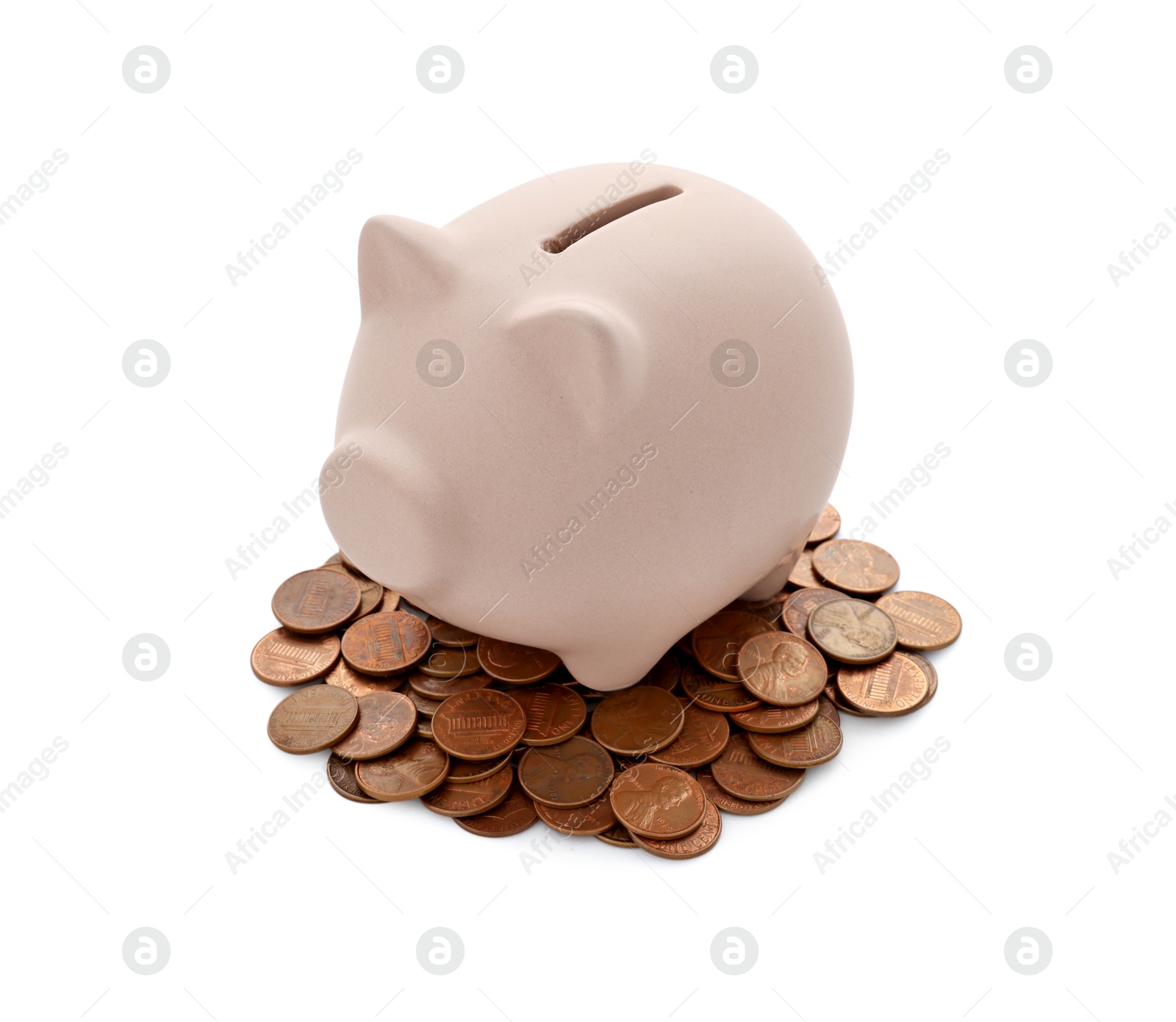 Photo of Beige piggy bank and coins isolated on white