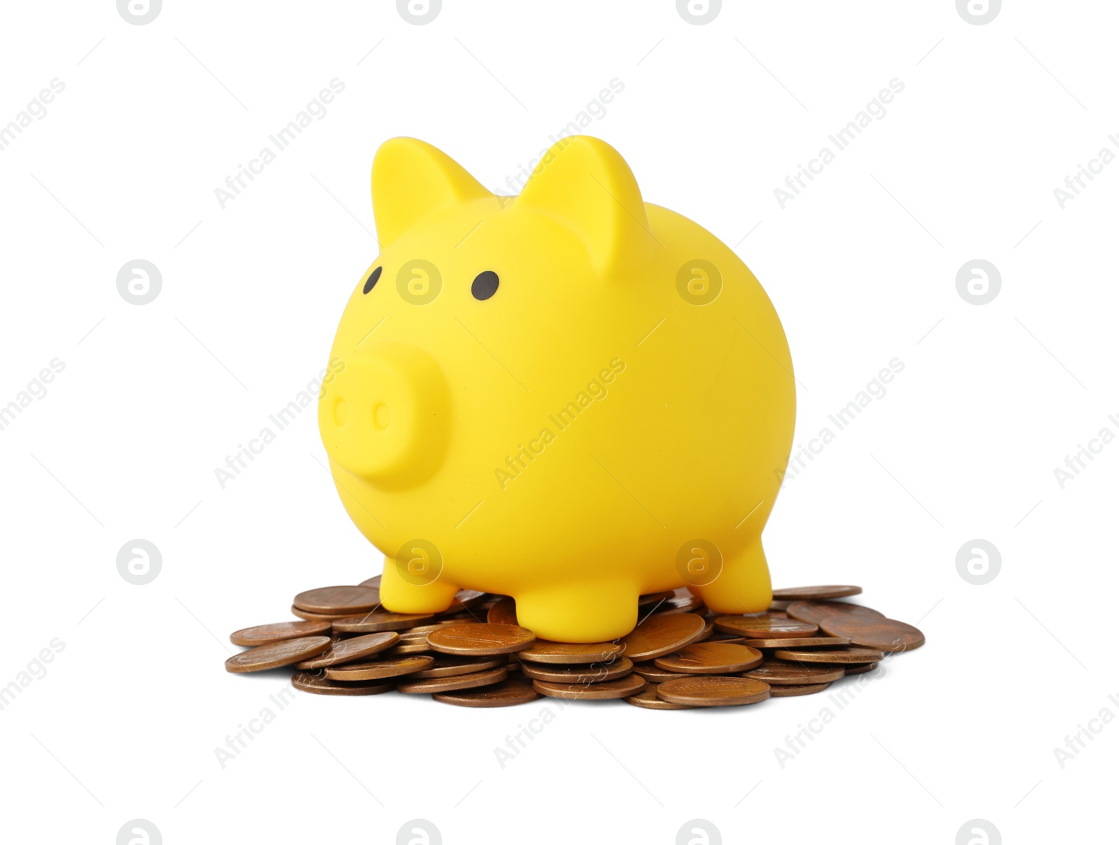 Photo of Yellow piggy bank and coins isolated on white