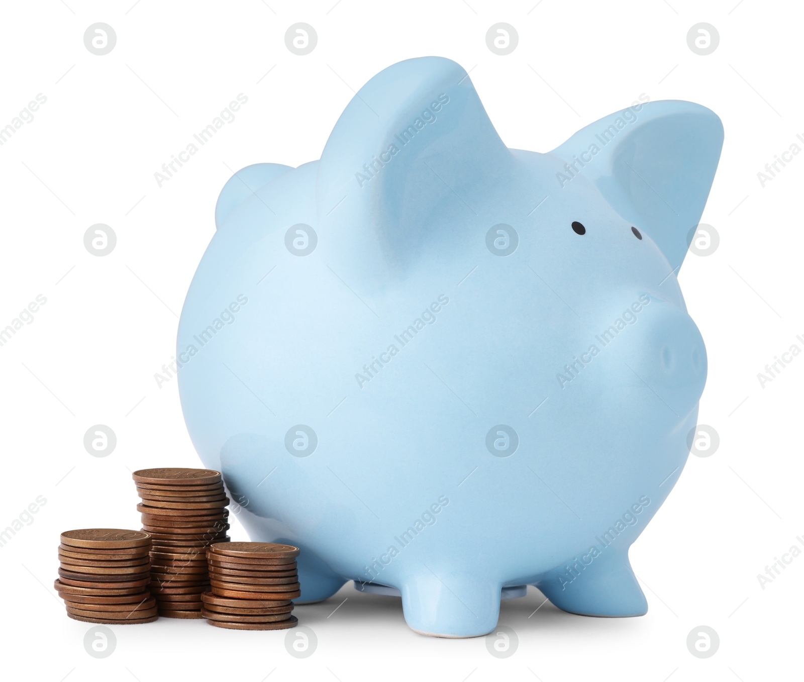 Photo of Light blue piggy bank and coins isolated on white