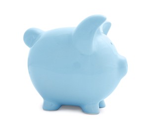 Photo of Light blue piggy bank isolated on white