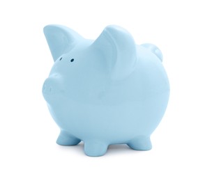 Photo of Light blue piggy bank isolated on white