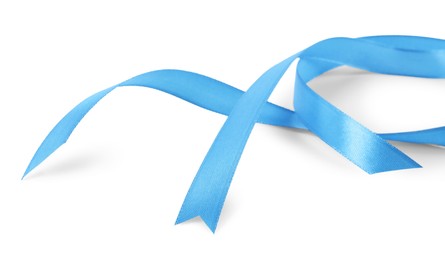 Photo of Beautiful light blue ribbon isolated on white