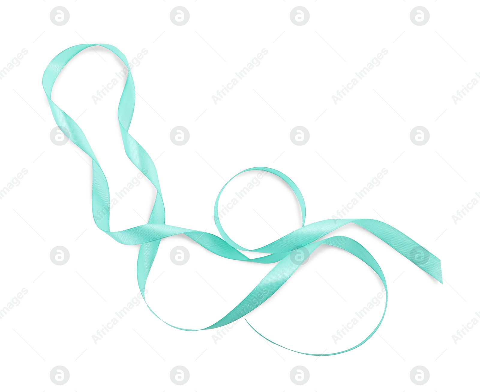 Photo of Beautiful turquoise ribbon isolated on white, top view