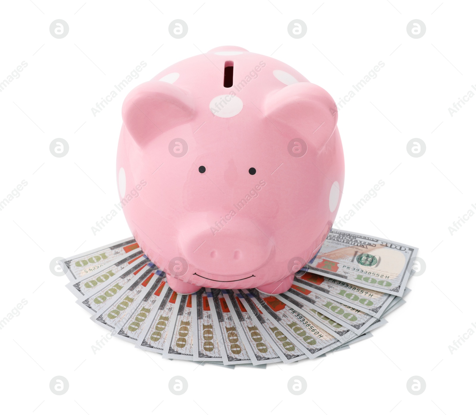 Photo of Pink piggy bank and money on white background