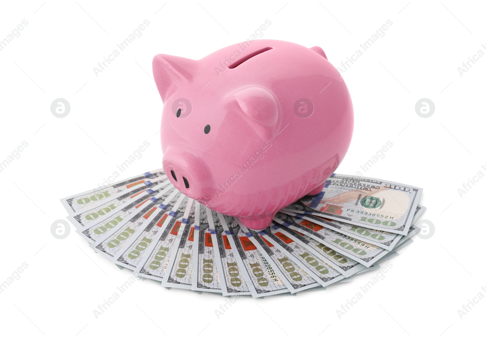 Photo of Pink piggy bank and money on white background