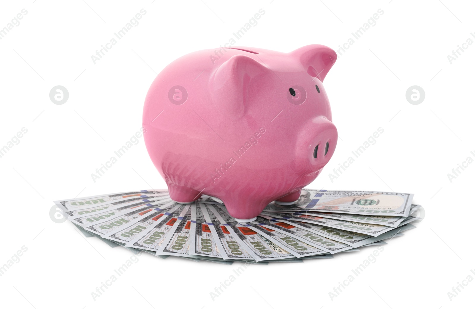 Photo of Pink piggy bank and money on white background