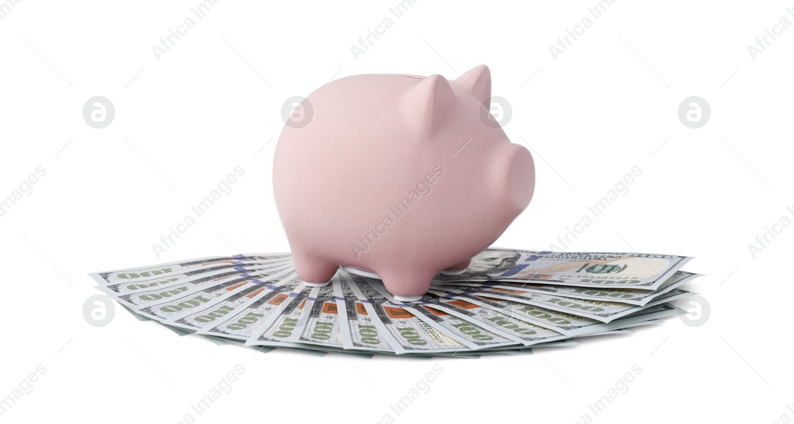 Photo of Piggy bank and money on white background