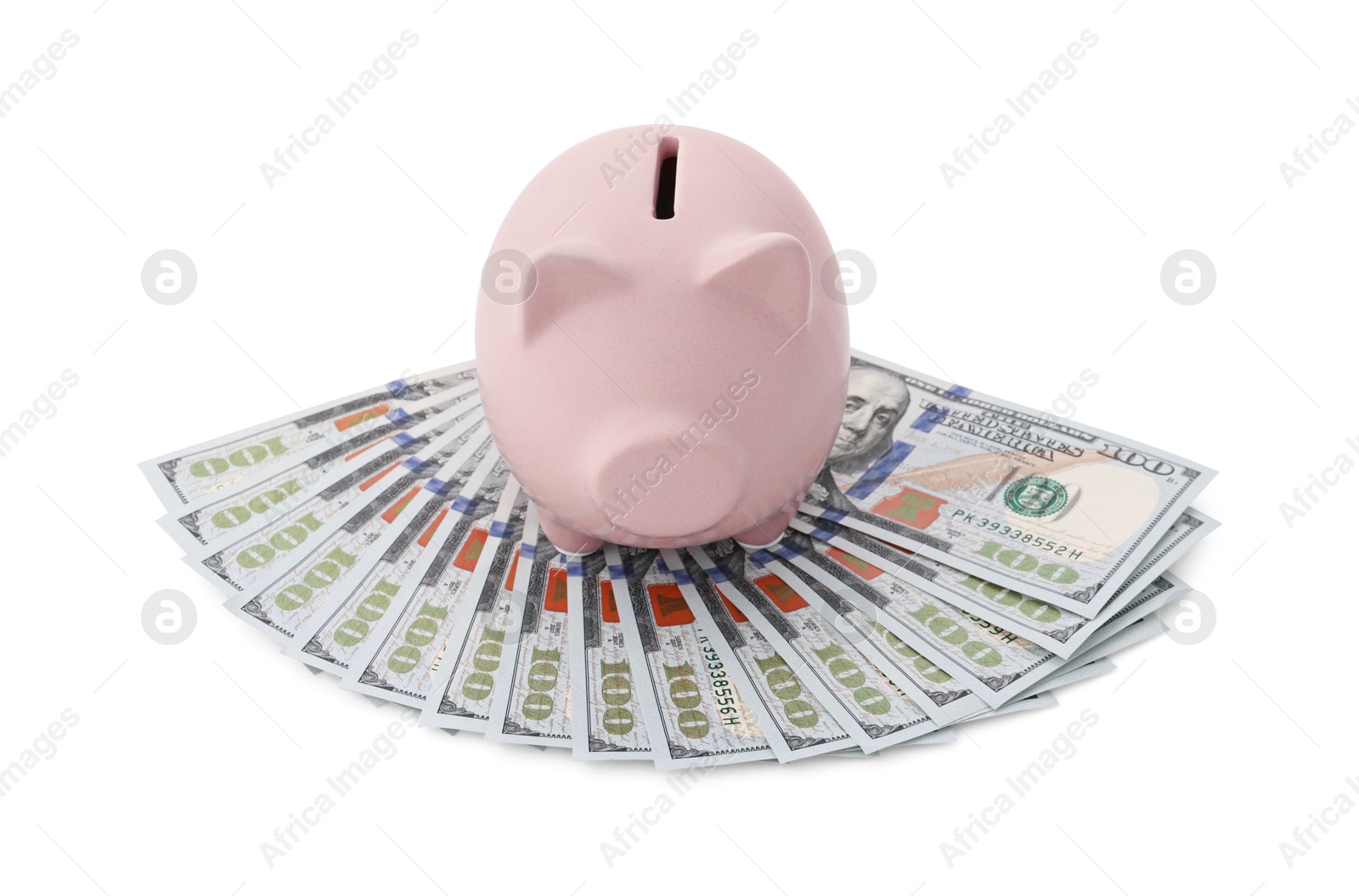 Photo of Piggy bank and money on white background