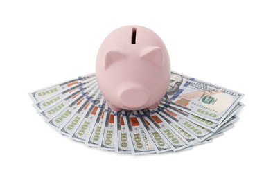 Photo of Piggy bank and money on white background