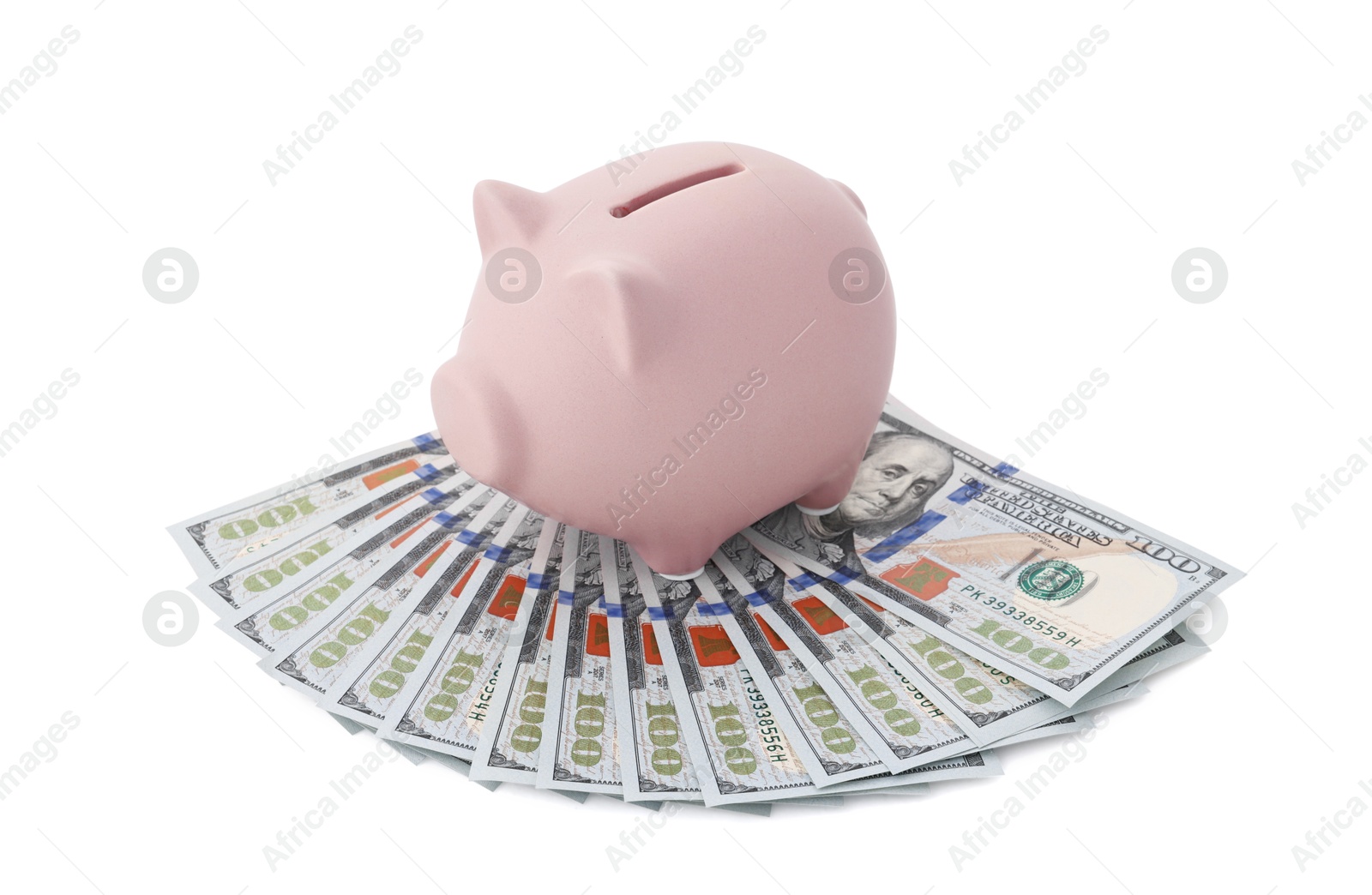 Photo of Piggy bank and money on white background