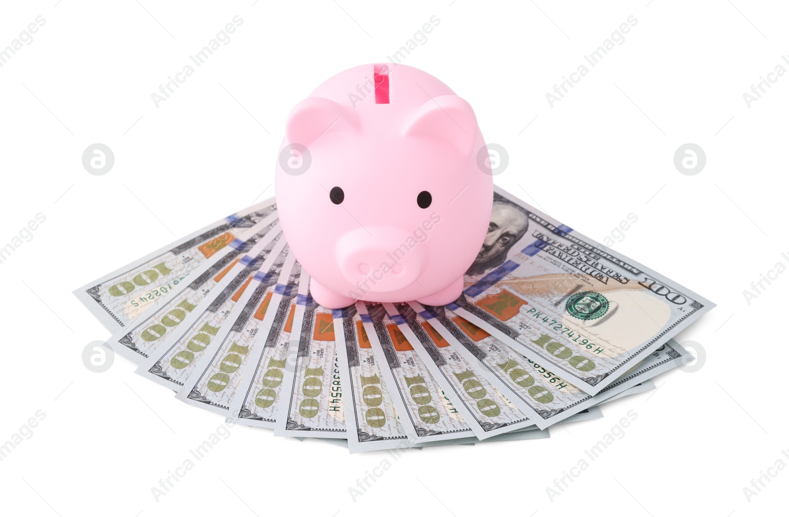 Photo of Pink piggy bank and money on white background, above view