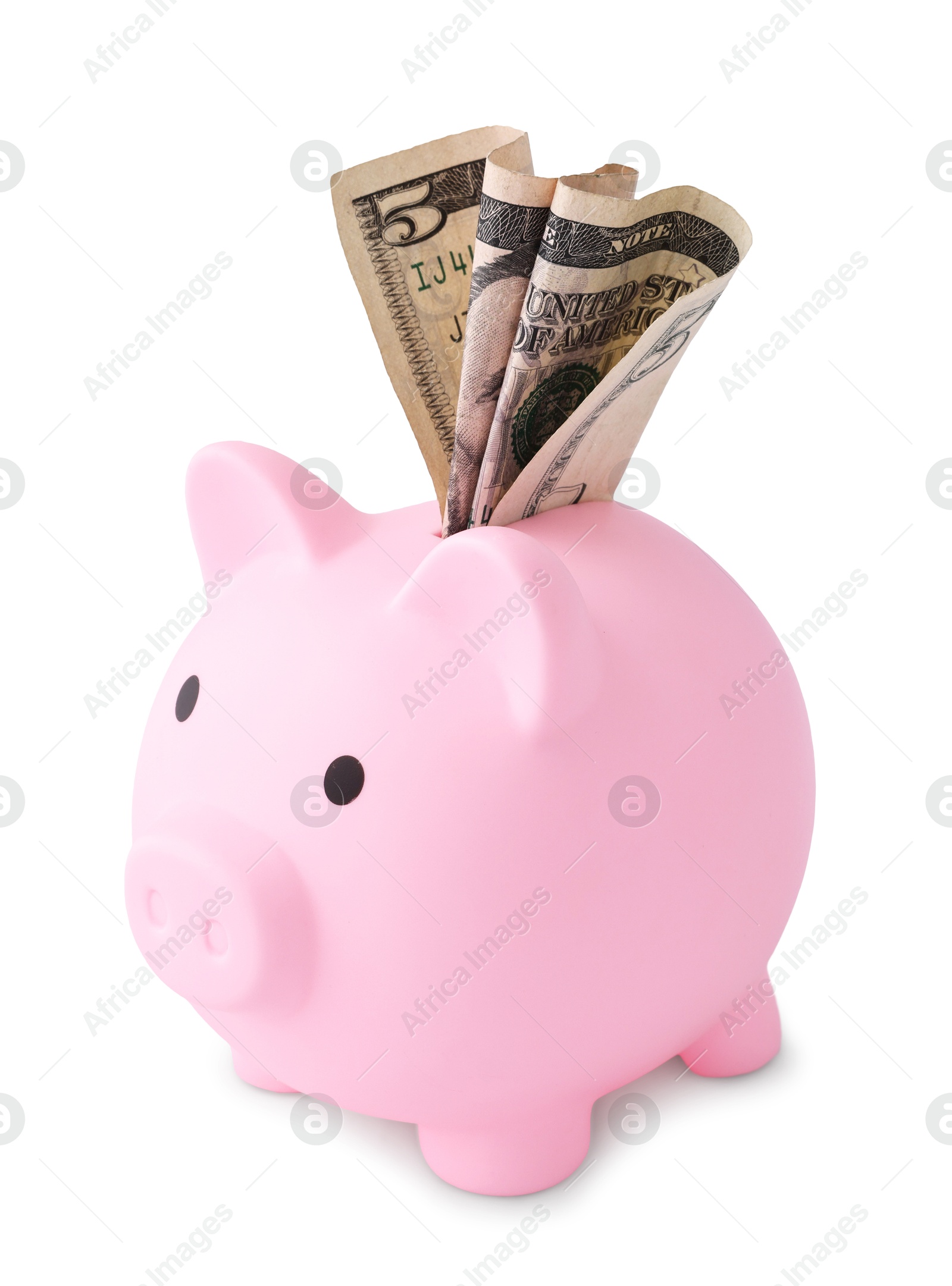 Photo of Pink piggy bank with money on white background