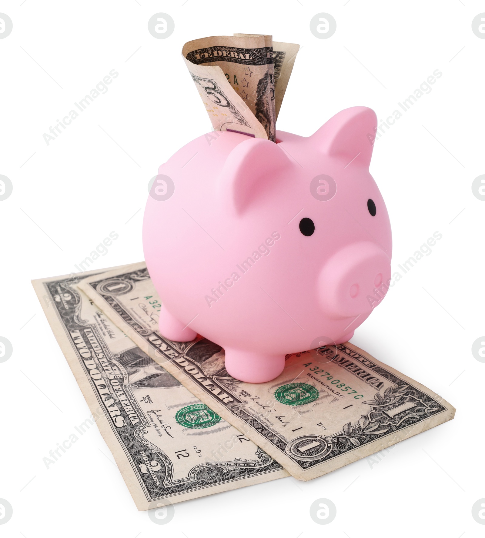 Photo of Pink piggy bank and money on white background