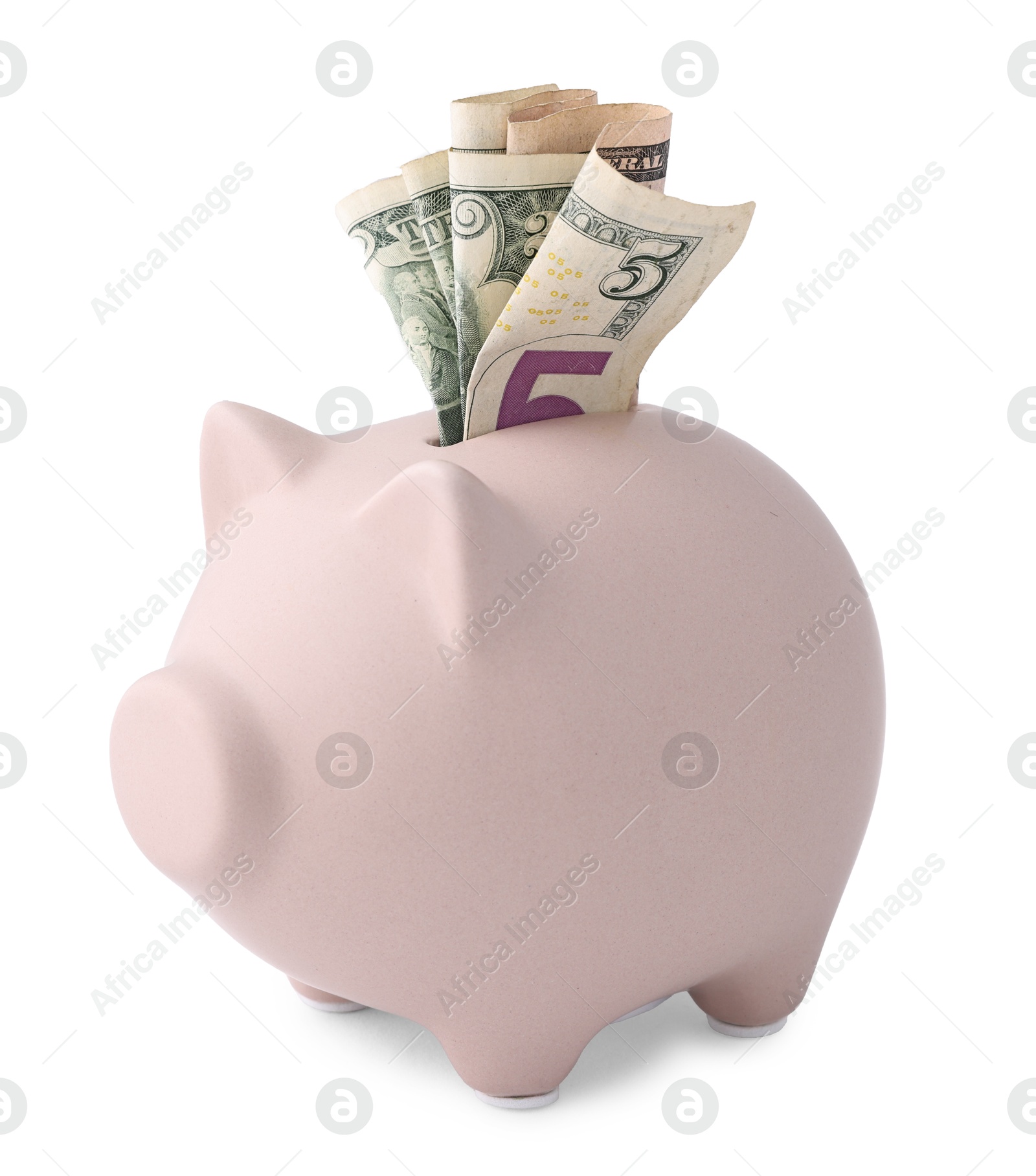 Photo of Piggy bank with money on white background