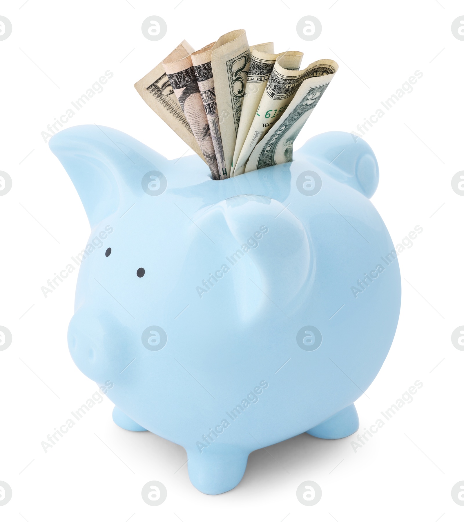 Photo of Light blue piggy bank with money on white background