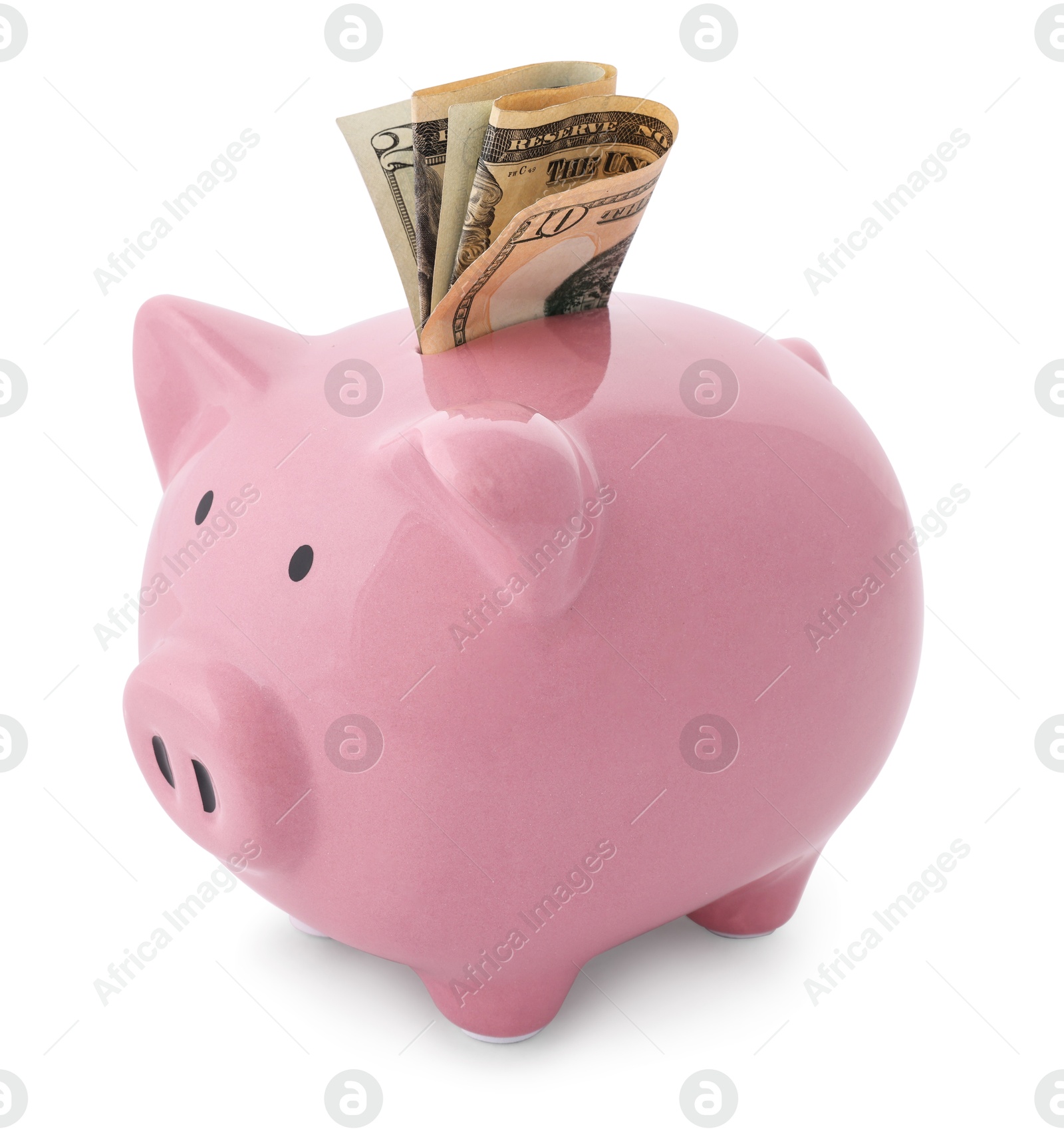 Photo of Pink piggy bank with money on white background